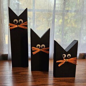 Handcrafted Wooden Halloween Cat Trio Set of 3 Kitties are 12", 8", 6" tall